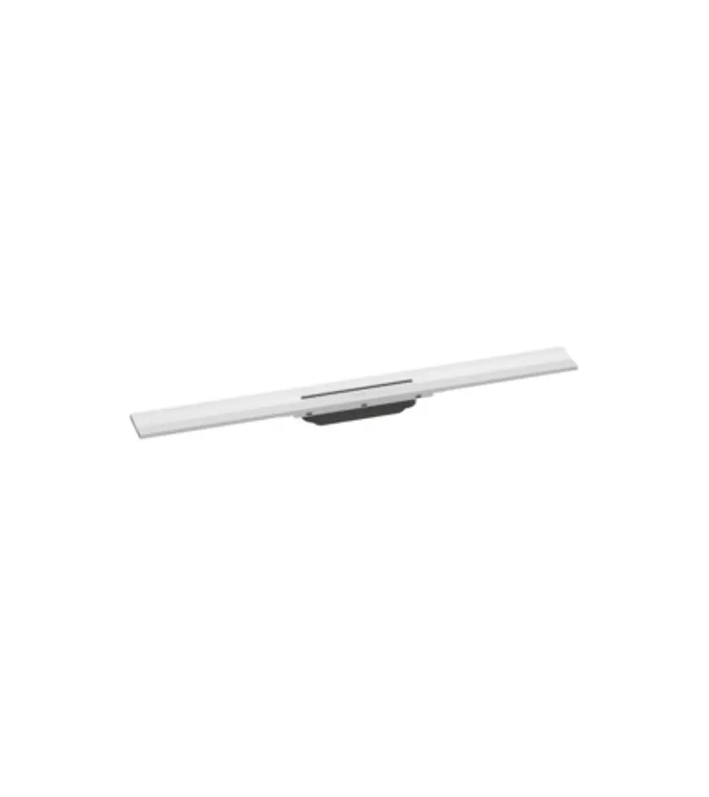 Weißes Montageset für eine Duschrinne von Hansgrohe, bestehend aus einer schmalen, langen Platte mit einem zentralen Verbindungselement. Ideal zur Wandmontage.